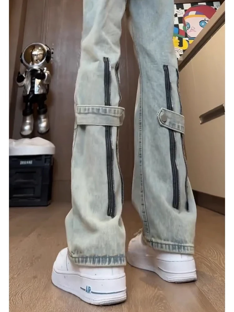 

American Vibe Men's Jeans Retro Yellow Mud Workwear Straight Leg Micro Flared Pants Youth Faion Spring Wear Durable