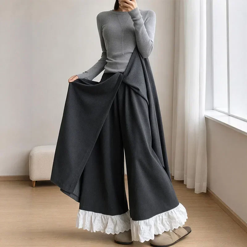 Lace Patchwork Fashion Wide Leg Trousers Women Streetwear Y2k Baggy A-line Skirt Pants Vintage Elastic Waist Versatile Pants