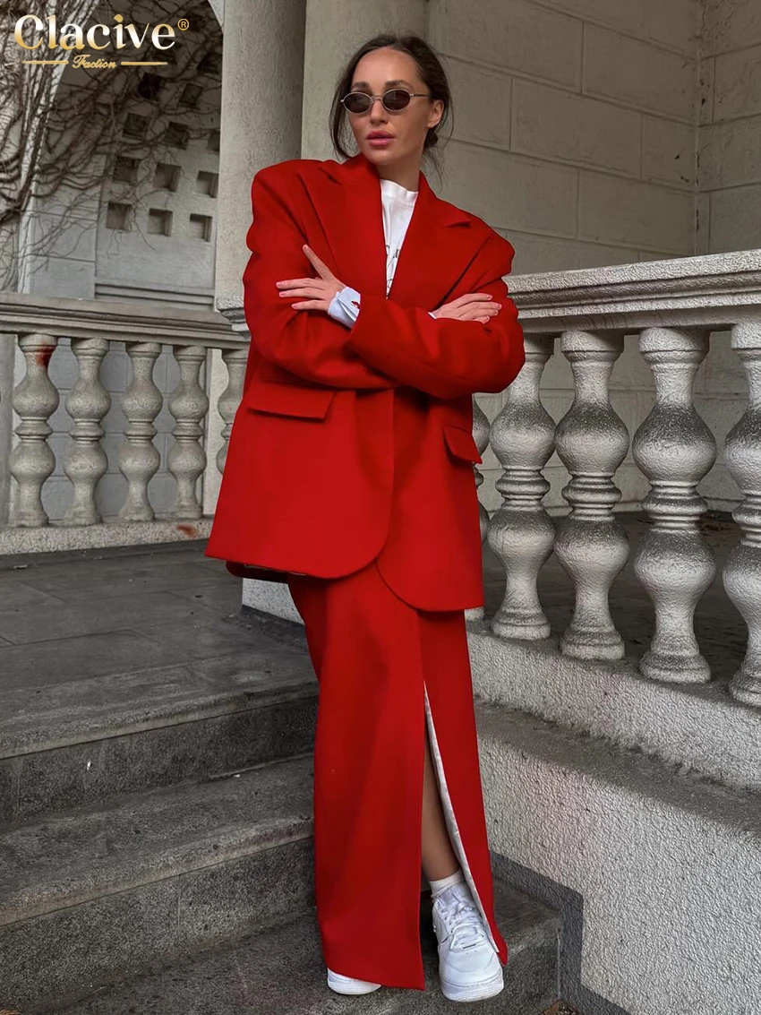 Clacive Fashion Luźny czerwony biurowy dwuczęściowy zestaw damski Elegancka marynarka z długim rękawem i wysokim rozcięciem w talii Długa spódnica Zestaw damski