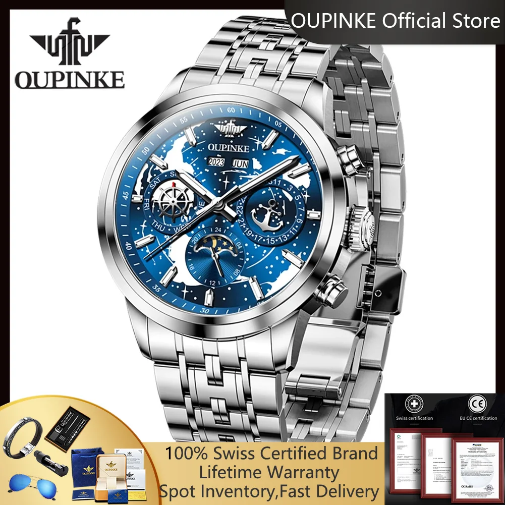 OUPINKE 3256 Man Watch Top Luxury Stainless Steel Starry Sky Navigator Dual Calendar Moon Phase Automatic Mechanical Wrist Watch