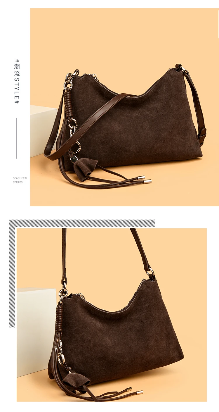100% Echtes Wildleder Damen Schulter-Umhängetaschen Retro Echtleder Handtasche Designer Große Kapazität Pendler-Handtaschen – Detail 1
