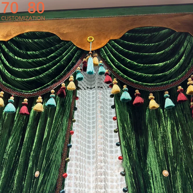 

Green Velvet Glossy Thickened Chenille Curtains for Living Room Bedroom Partition Curtains Customized Finished Villa Valance