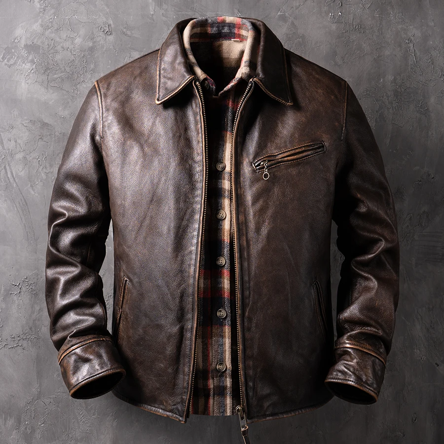 

Genuine Leather Jacket For Men Vintage Lapel Casual Coat Male Real Leather Jackets