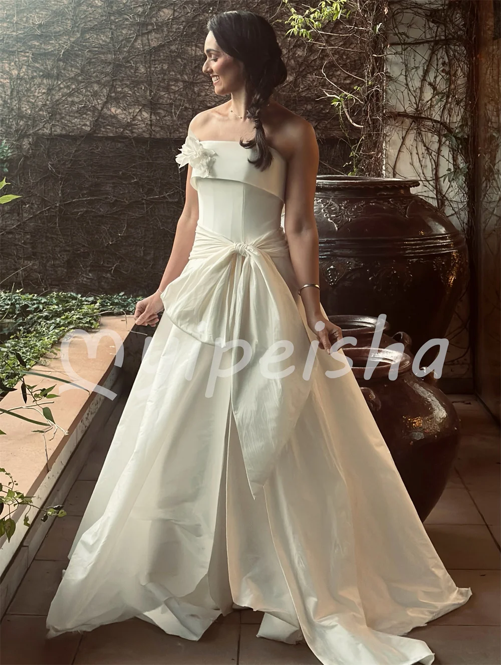 Ivory Charming Gentle Charmeuse Handmade Flower Button Bow Strapless A-line Women's Floor-Length For Wedding Party Customized