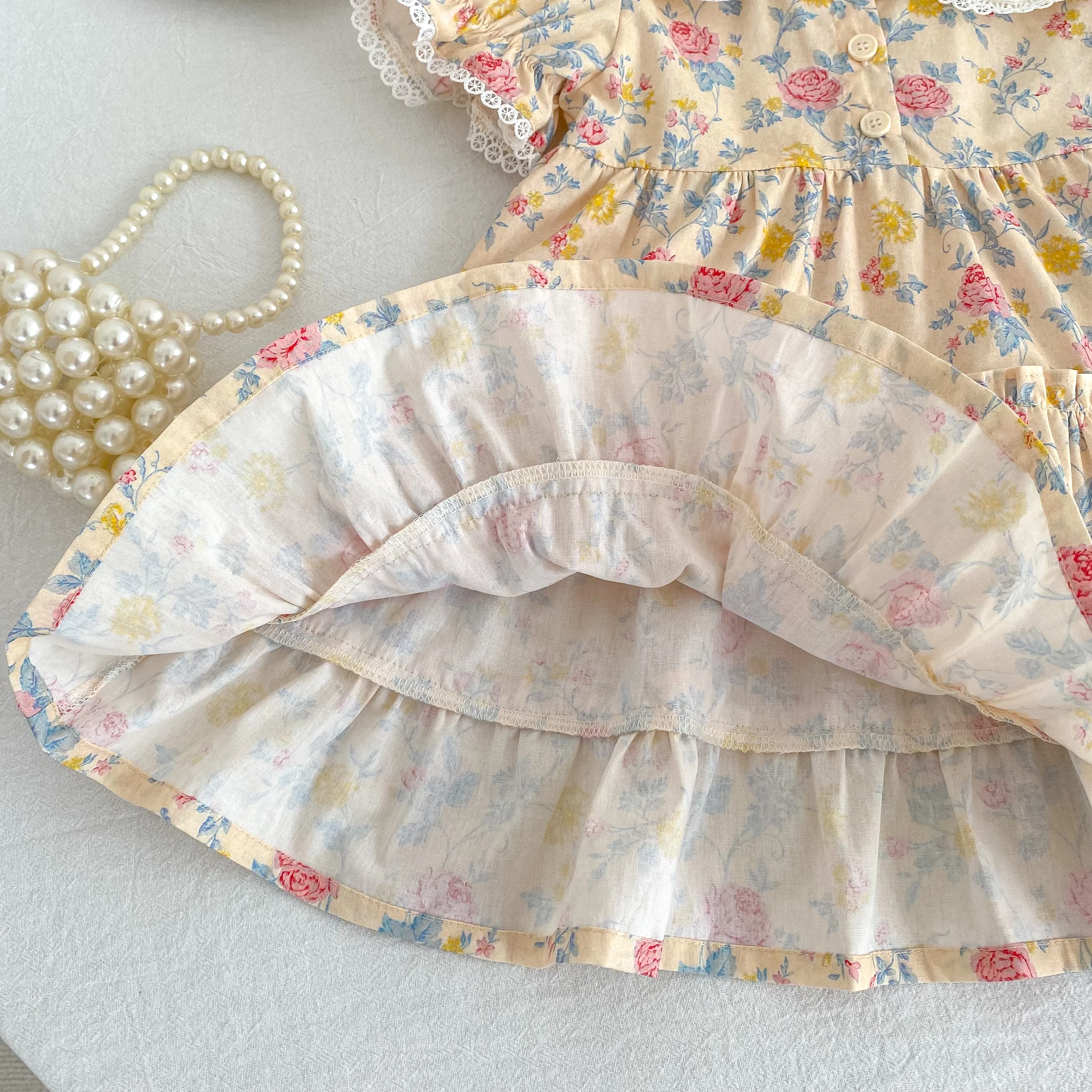 2026 Neues Mädchenkleid für den Sommer 2-6 Jahre Kurzarm-Kleid mit Blumenmuster Gerüschter Kragen Süßes Baumwollkleid – Detail 11