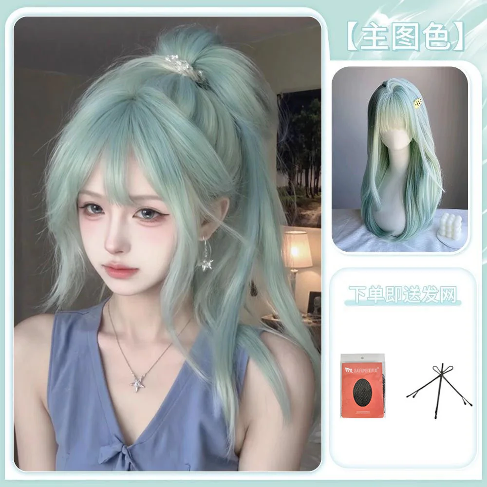 緑のウィッグ、長い髪、人工模擬毛アニメゲームアクセサリー、コスプレ、フルヘッドギア、巻き毛、写真ショーの小道具