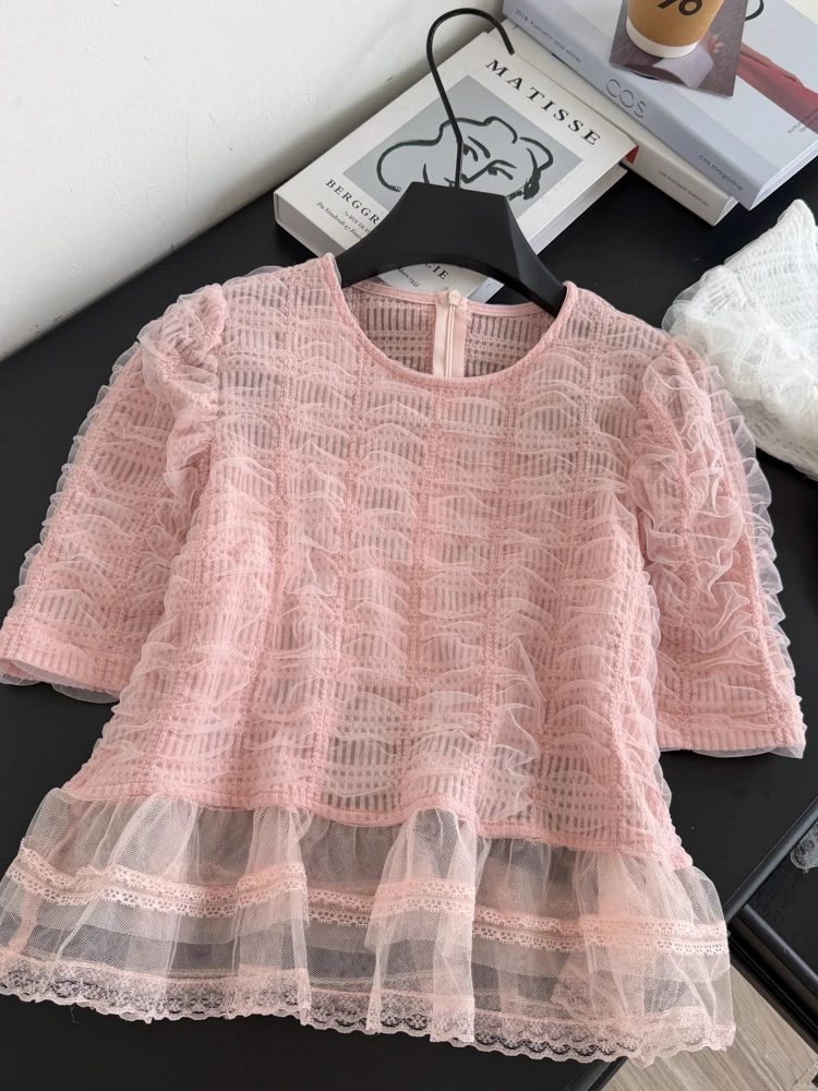 Korean Style Lace Patchwork Loose Short Sleeve Shirt Women's Summer Top Bubblesleeve Ladylike Ageless Commute Friendly Blouse