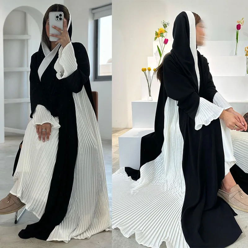 

Black and White Contrast Panel Pleated Abaya - Cape Collar Open Front Wide Sleeve Modest Dress