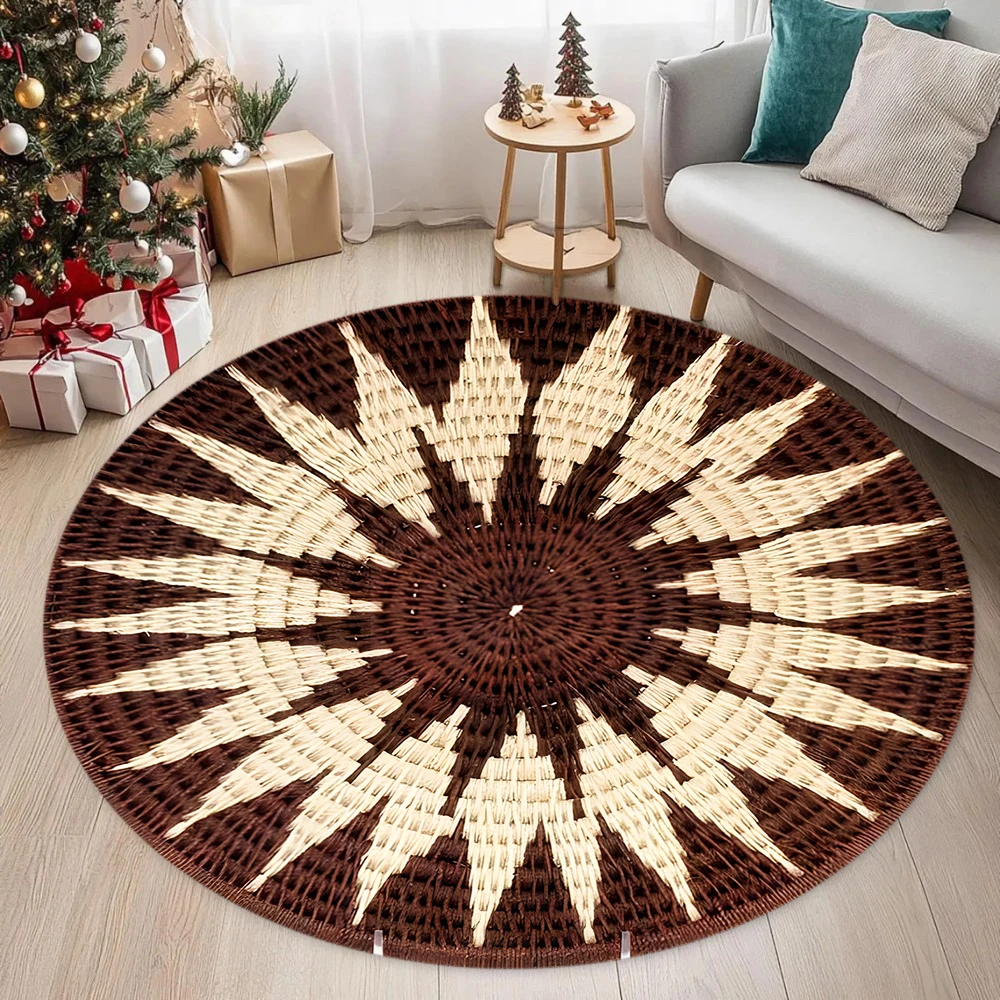 3D Woven Printed Circular Carpet Beige Black Tribal Star Shaped Carpet Living Room Bohemian Style Floor Mat Home Decoration
