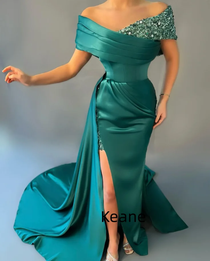 

Emerald Satin High Slit Off Shoulder Evening Dresses Custom Made Elegant Dress for Special Occasions Prom Gowns