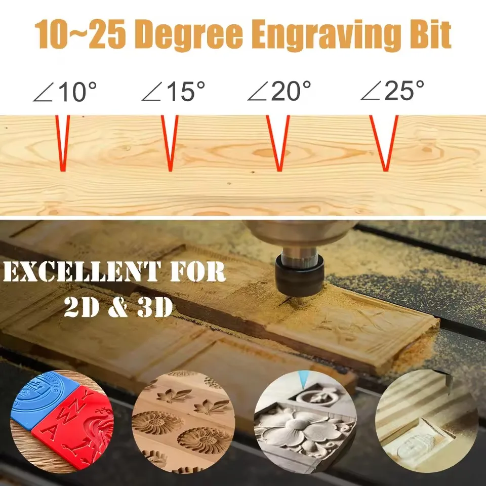 HUHAO 10pcs PCB 3D Engraving Bit Tipped 0.1-0.7mm V Shape Carving Bits Carbide PCB 3D Milling Cutter 10/15/20/25 Degrees