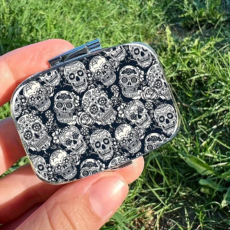 Chic Floral Sugar Skull Metal Pill Box - Compact 2-Compartment Medicine Organizer, Portable for Travel and Wallet Use - Unique Gift Idea