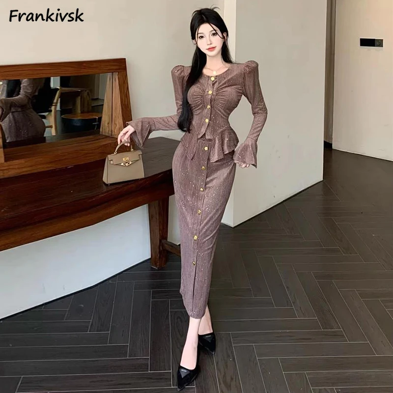 Dress Sets Women Temperament Advanced Fashion Long Sleeve All-match Office Lady Popular Fake Two Piece Jackets Autumn College