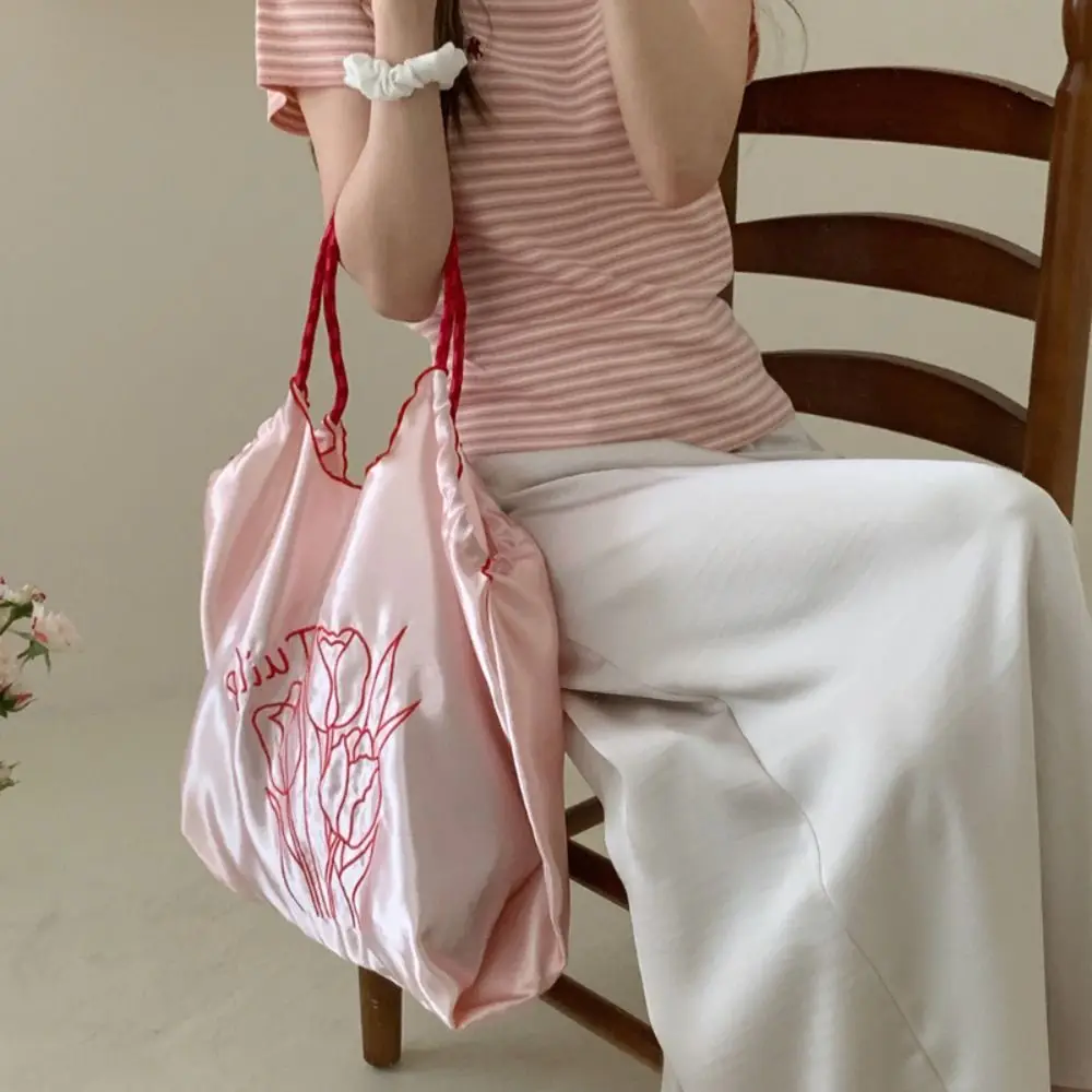 Casual Commute Silk Satin Shoulder Bag Drawstring Handbag Tulip Embroidery Bag Shopping Bag Large Capacity Gentle Tote Bag Girls