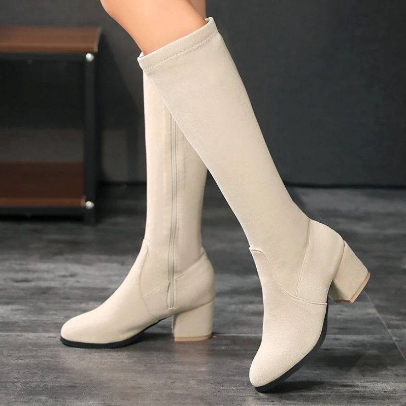 Botas Altas de Gamuza para Mujer, con Punta Redonda y Tacón Cuadrado, de Tela Elástica, Botas Altas hasta el Muslo, Cómodas para Otoño e Invierno