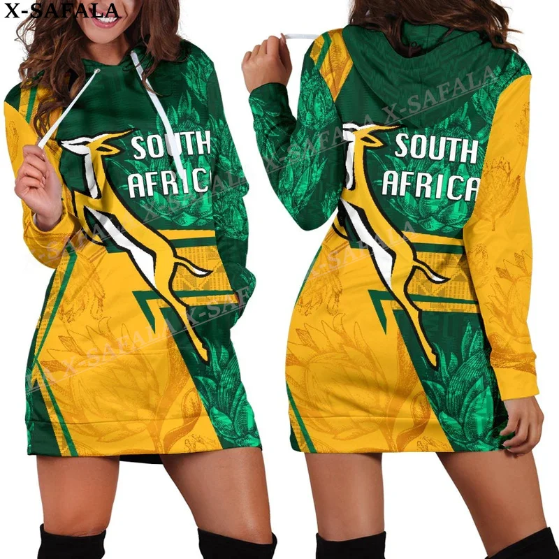 

South Africa Country Flag Springboks 3D Printed Autumn Hoodies Dress Women Casual Wear Long Sleeve Hooded Dress-3