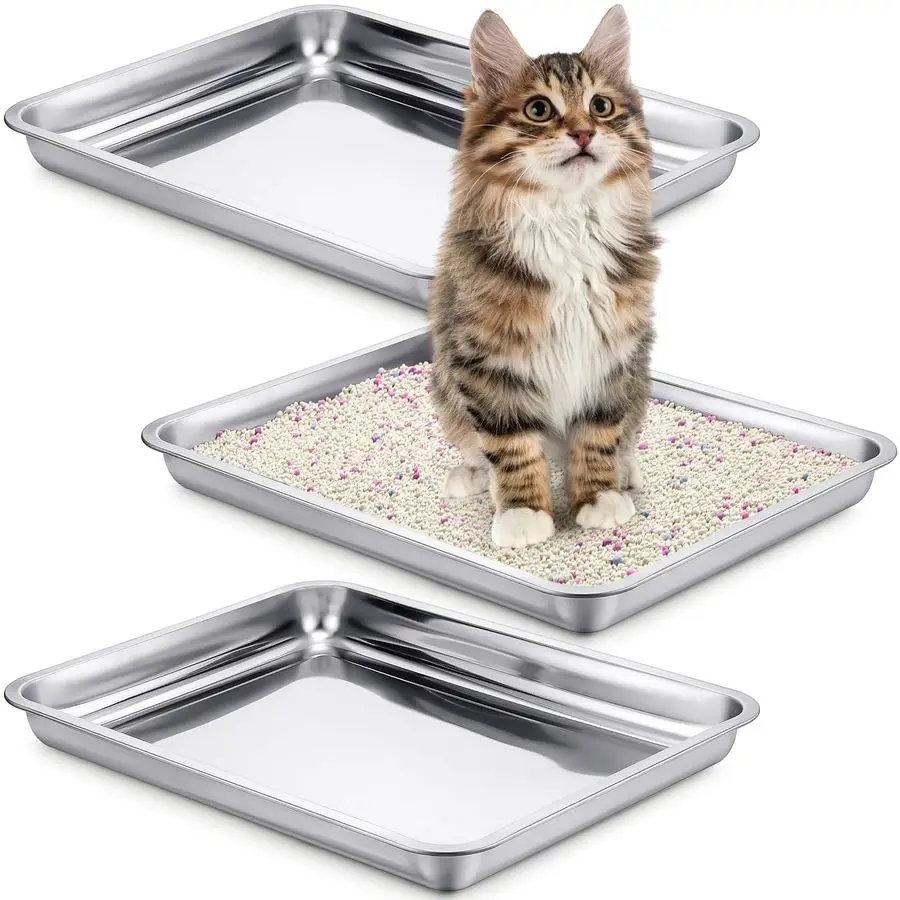

Набор из 3 лотков для кошачьего туалета из нержавеющей стали, с контролем запаха, легко моется, низкий вход, для маленьких кошек, хомяков, кроликов, морских свинок