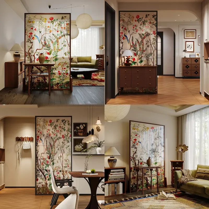 Solid Wood Floor Screen with Floral Bird Pattern Semi Transparent Yarn Partition for Living Room Entrance Zen Home Decor