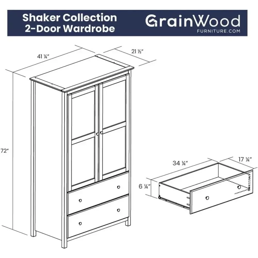 Shaker 2Door Wardrobe,Solid Wood with Walnut Finish and Made of100% solid wood forbedroom living room wardrobescloset organizer