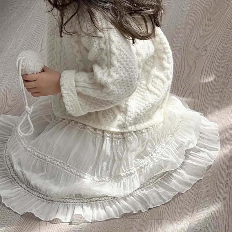 1-8Y Girls Autumn Winter Woolen Dress Elegant Spliced Knitted Kid Girls Princess Skirt Korean Style Warm Lace Toddler Girl Dress