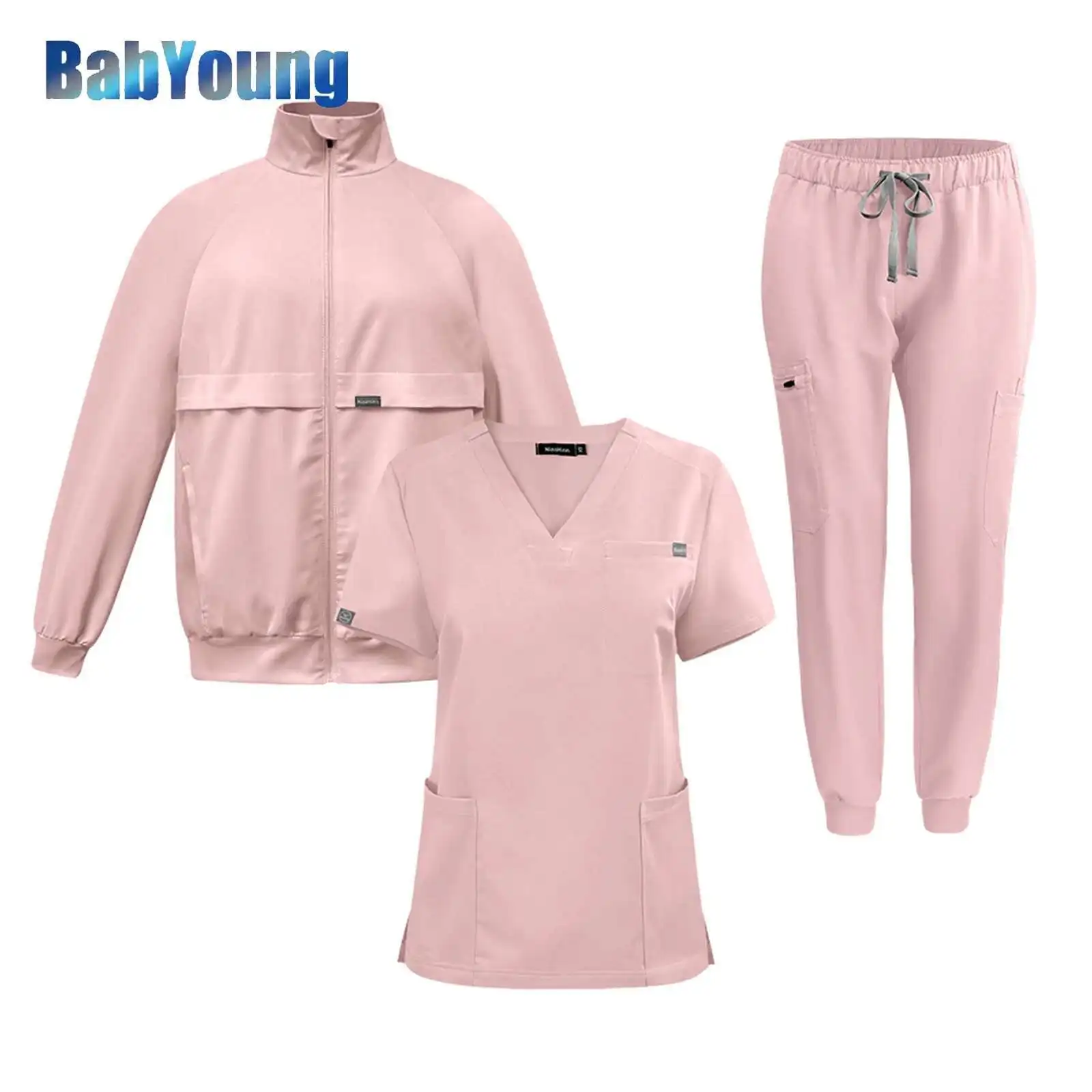 Unisex 3-Piece Set Scrub Suits Medical Doctor Nurse Work Top Uniform Bottoms Simple More Pockets Dental Scrubs Pants SPA Nursing