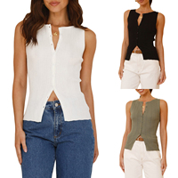 Combhasaki Women Summer Y2K Ribbed Knit Sheer Crop Tank Tops Slim Fit Solid Color Button Down Round Neck Sleeveless Sweater Vest