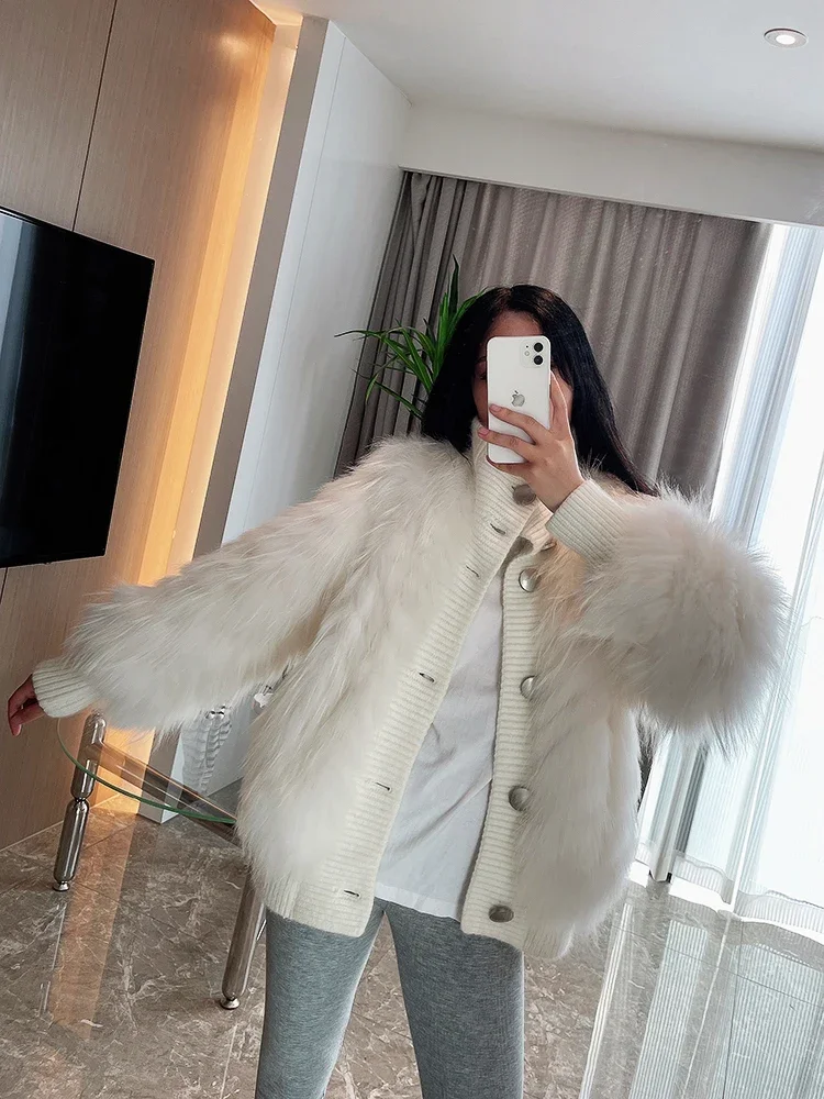 Autumn and Winter Real Fur Coat Female Young Fashion Medium Long Raccoon Fox Fur Jackets 2023 Knitted Thick Warm Women's Clothes