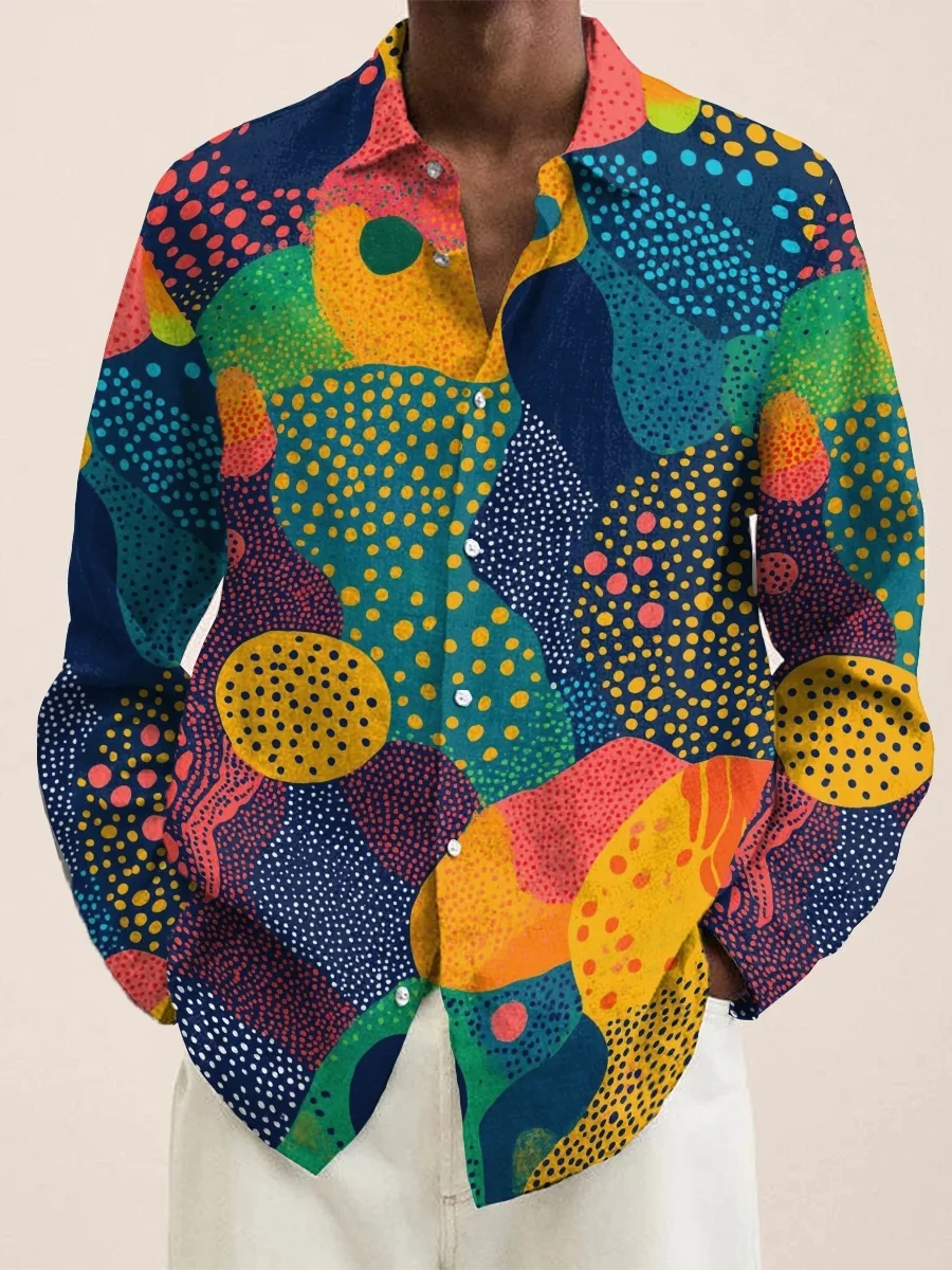 Men's Fashion Spring/Summer Graffiti Style Long Sleeve Linen Shirt Color blocked Casual Street Trendy Dressing
