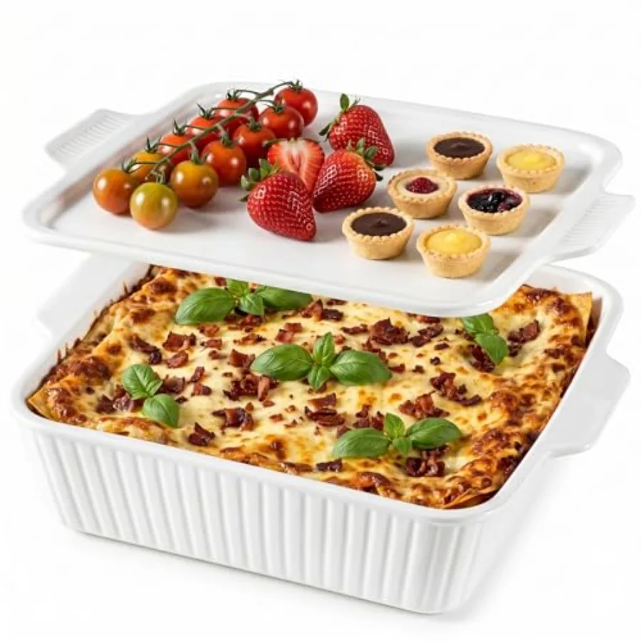 

10" Square Casserole Dish with Lid - 2-in-1 Porcelain Baking Dish 2.6 Qt, Oven to Table Ceramic Bakeware for Lasagna, Cake, Mic