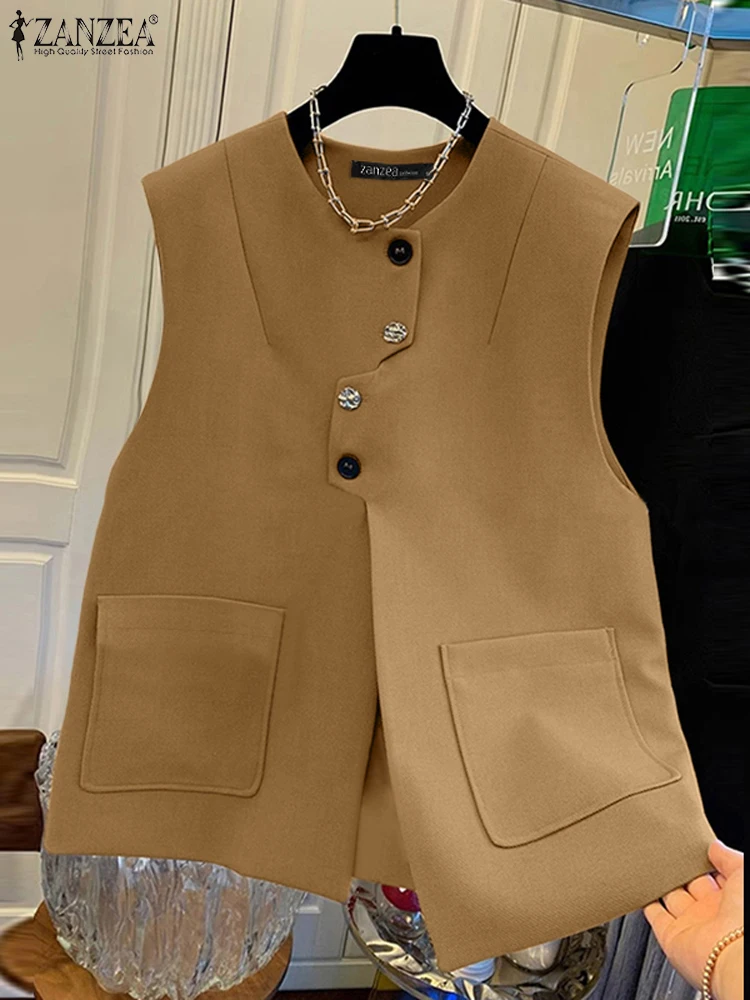 ZANZEA Causal Sleeve Coats Women Solid Color Round Neck Vests Button Commuting Loose Pocket Jackets Elegant Office Waistcoat