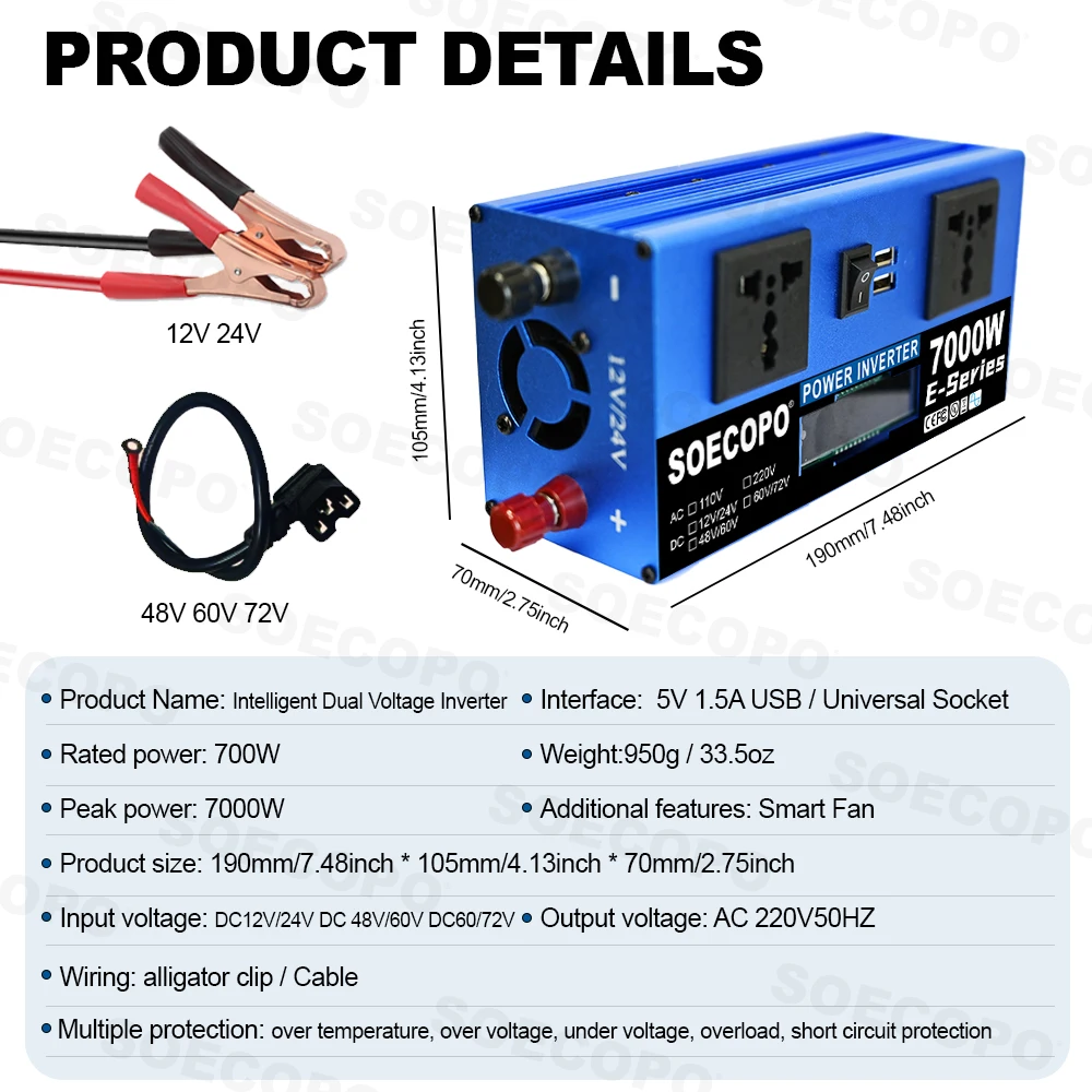 SOECOPO 7000W Car Inverter Dual Voltage Input DC 12V/24V 48V/60V 60V/72V To AC 220V 2 USB Ports 2 Sockets for Home Camping RV - Image 3