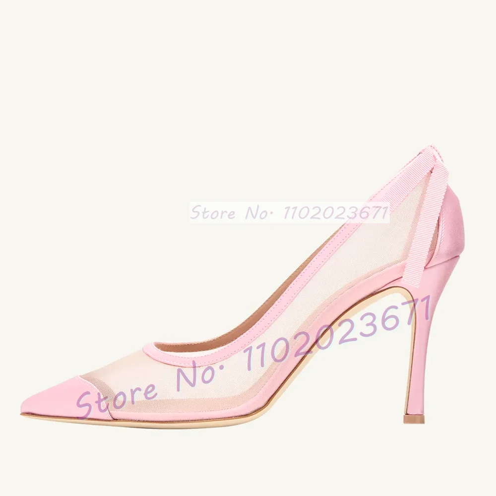 Pink Satin Mesh Stiletto Pumps Ladies Elegant Pointed Toe Splicing High Heels Party Women Luxury Grosgrain Bow Accent Shoes