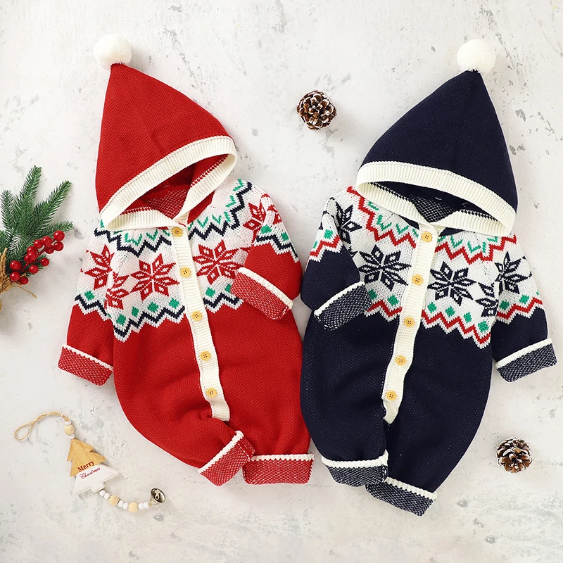 Christmas Baby Rompers Baby Romper Snowflake Print Knit Acrylic Spring Autumn Newborn Infant Hoodie Jumpsuit New Year Bodysuit