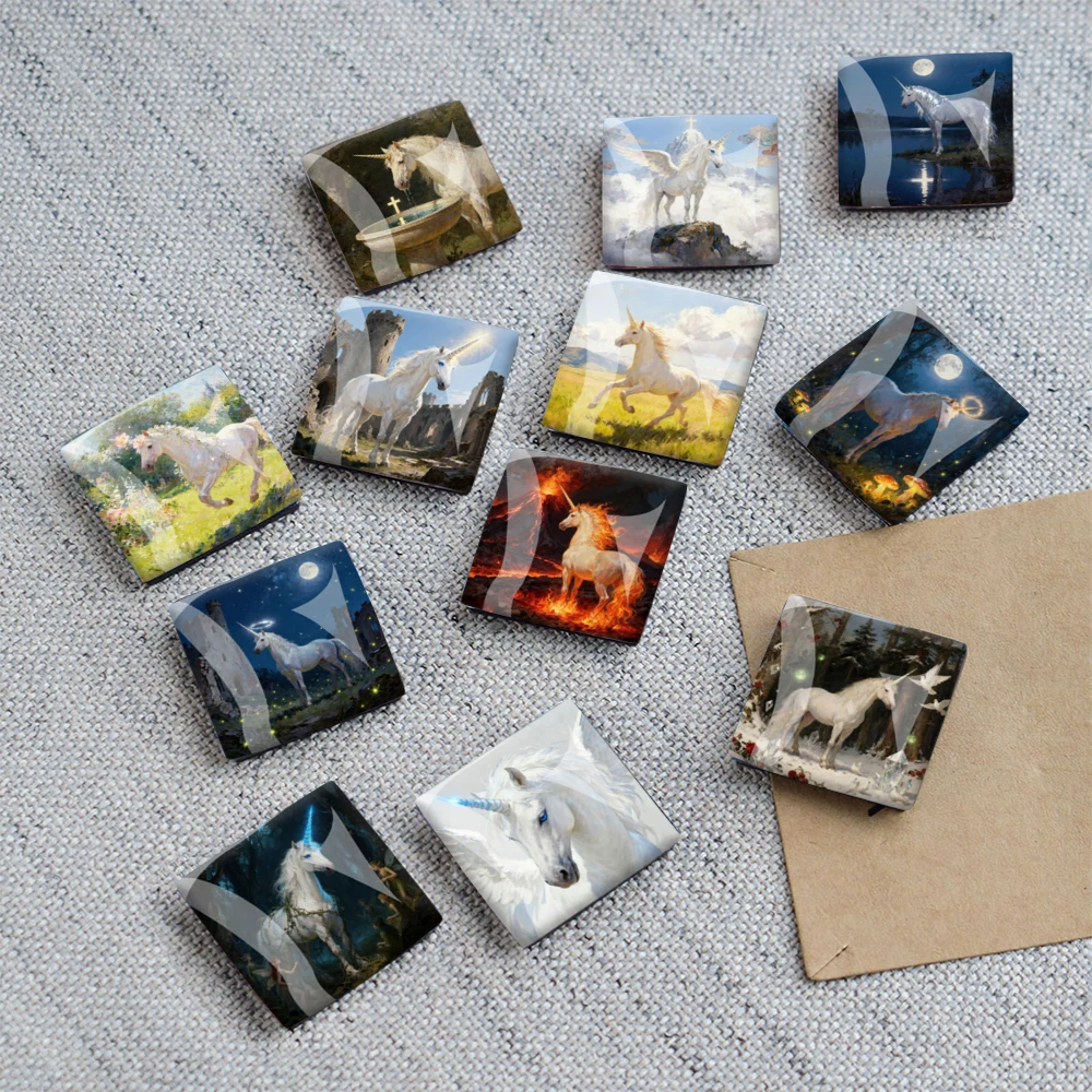 1PC 30MM Square Oil Painting Style Unicorn Tears Glass Refrigerator Sticker Flame Unicorn Home Decoration Birthday Gift