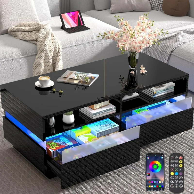 

Modern LED Coffee Table w/ 2 Big Storage Drawers,High Glossy 2-Tier Black Coffee Table w/ 60000-Color LED Lights,App Control