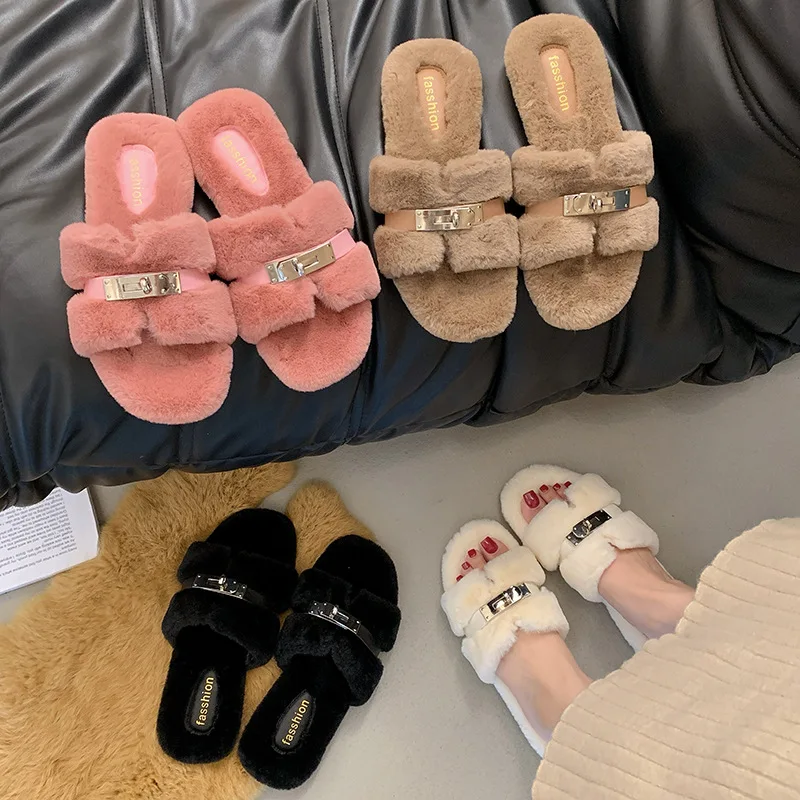 

Autumn / Winter New Style Exposed Toe High-end Plush Women's Slippers Outdoor Fashionable Flat Slippers Metal Chain Cotton Shoes