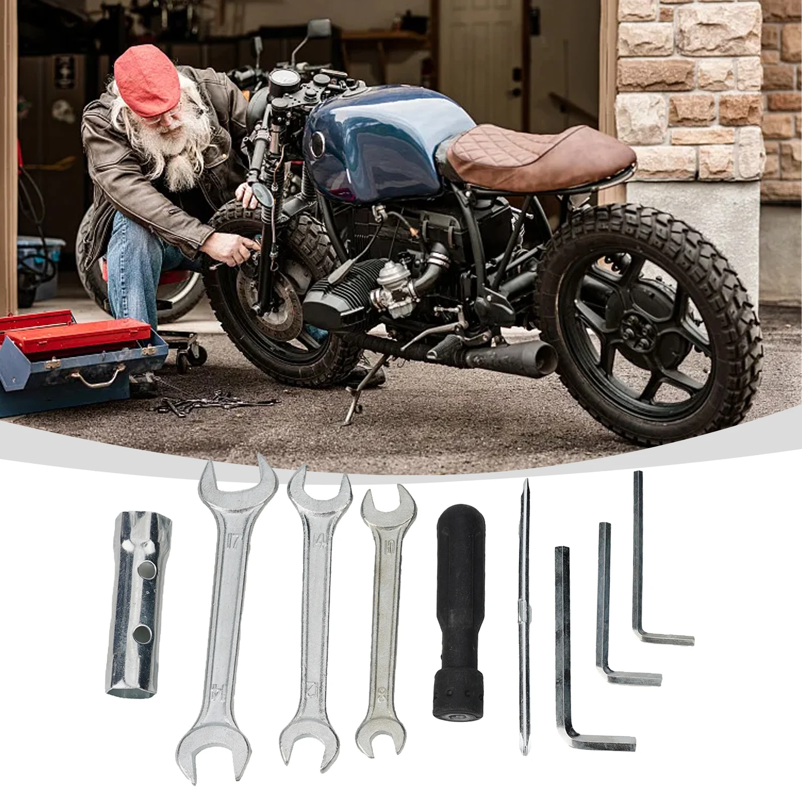 Motorcycle Repair Tool Kit 8Pcs with Double Ended Wrench Spanners Socket and Screwdriver Tools with Storage Bag