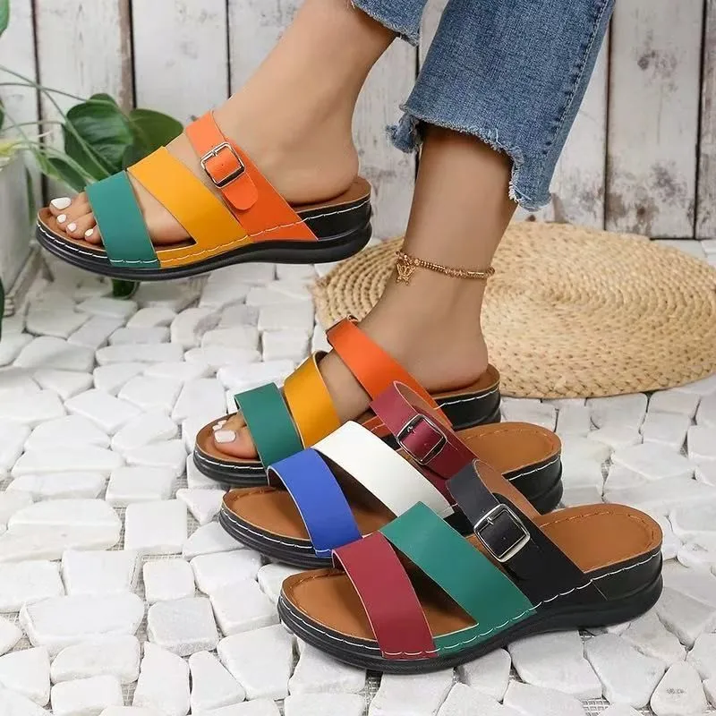 

Women's Fashion Color Block Thick Sole Shoes Round Head Open Toe Wedge Slippers Casual Comfortable Outdoor Beach Sandals