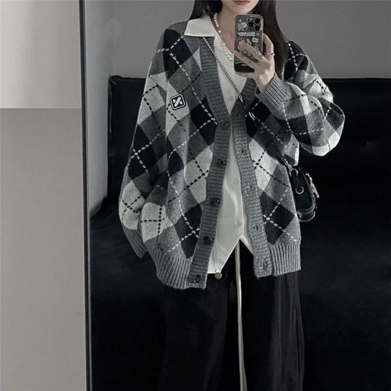 Argyle Sweater Cardigan Oversize Korean Fashion Women Preppy Style Plaid Knitted Jumper Button Up Cute Female Basic Jackets 2022