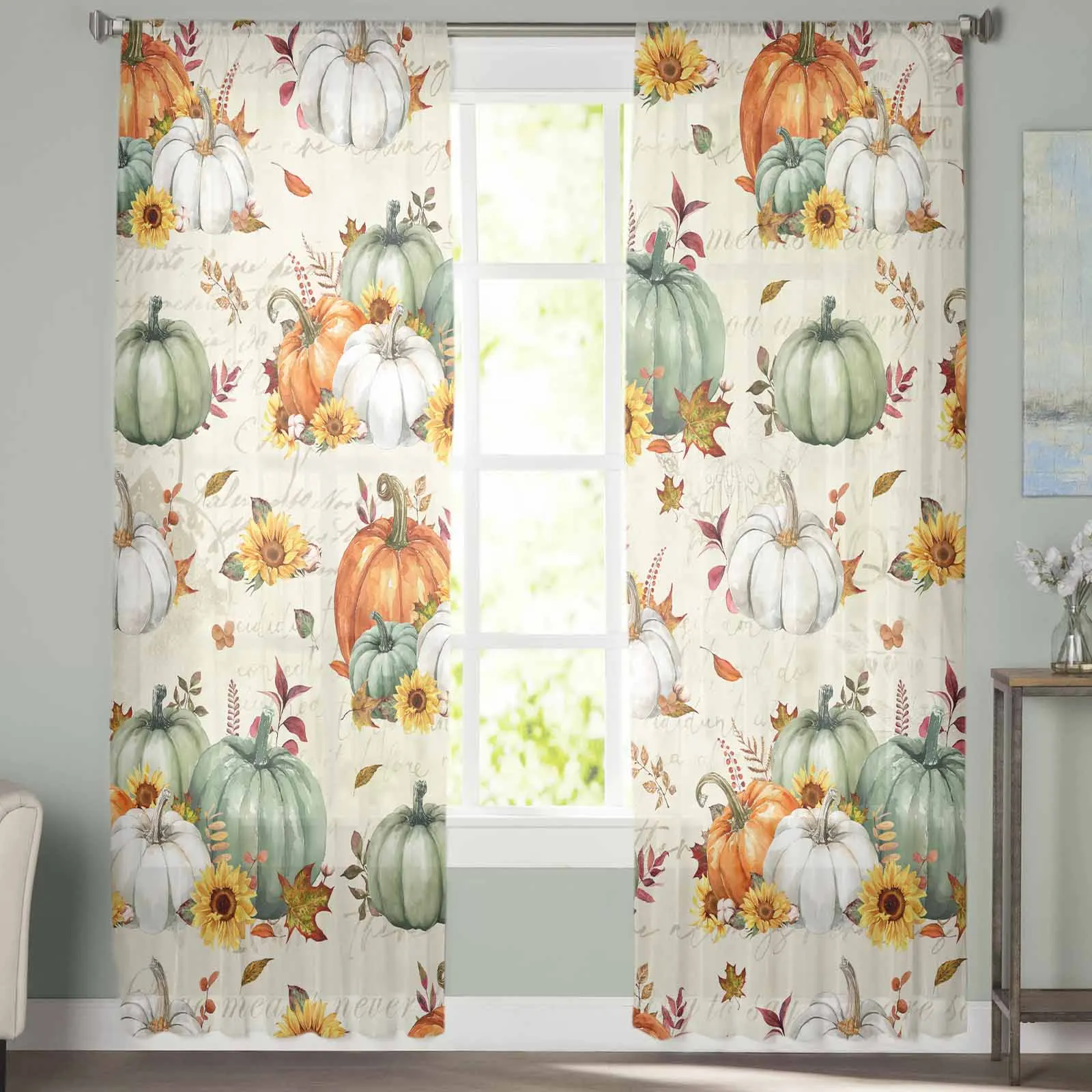 Thanksgiving Autumn Leaves Sunflower Pumpkin Curtains For Living Room Bedroom Kitchen Decoration Window Tulle Curtain