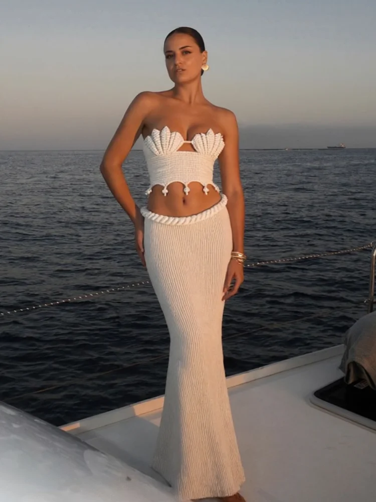 

Вязаный крючком жемчужный жилет без бретелек, вязаная длинная юбка, женский комплект, ажурный бикини, купальники, майка, высокая талия, набедренные юбки, костюм