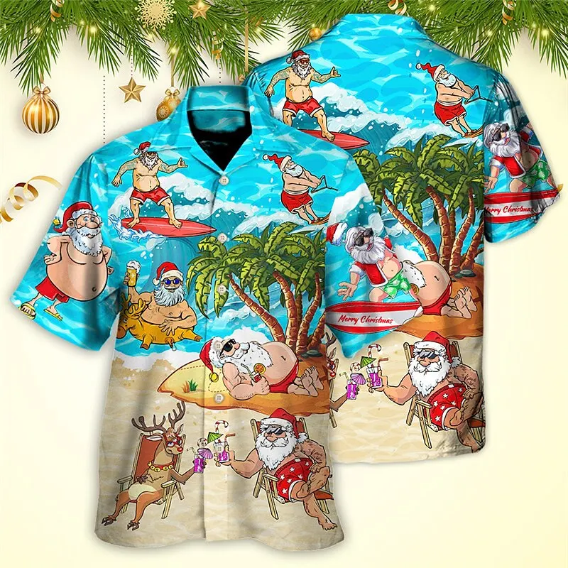 Christmas Men\'s Hawaii Shirt Short Sleeve New Year Xmas 3D Printing Tops Santa Claus Party Beachwear Camping Vacation Apparel