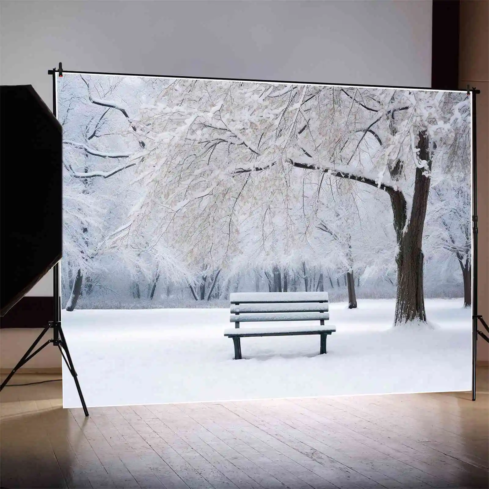 

MOON.QG Backdrop Winter Fluffy Snow Tree Branch Garden Bench Photography Background Travel Holiday Decorations Photo Booth Props