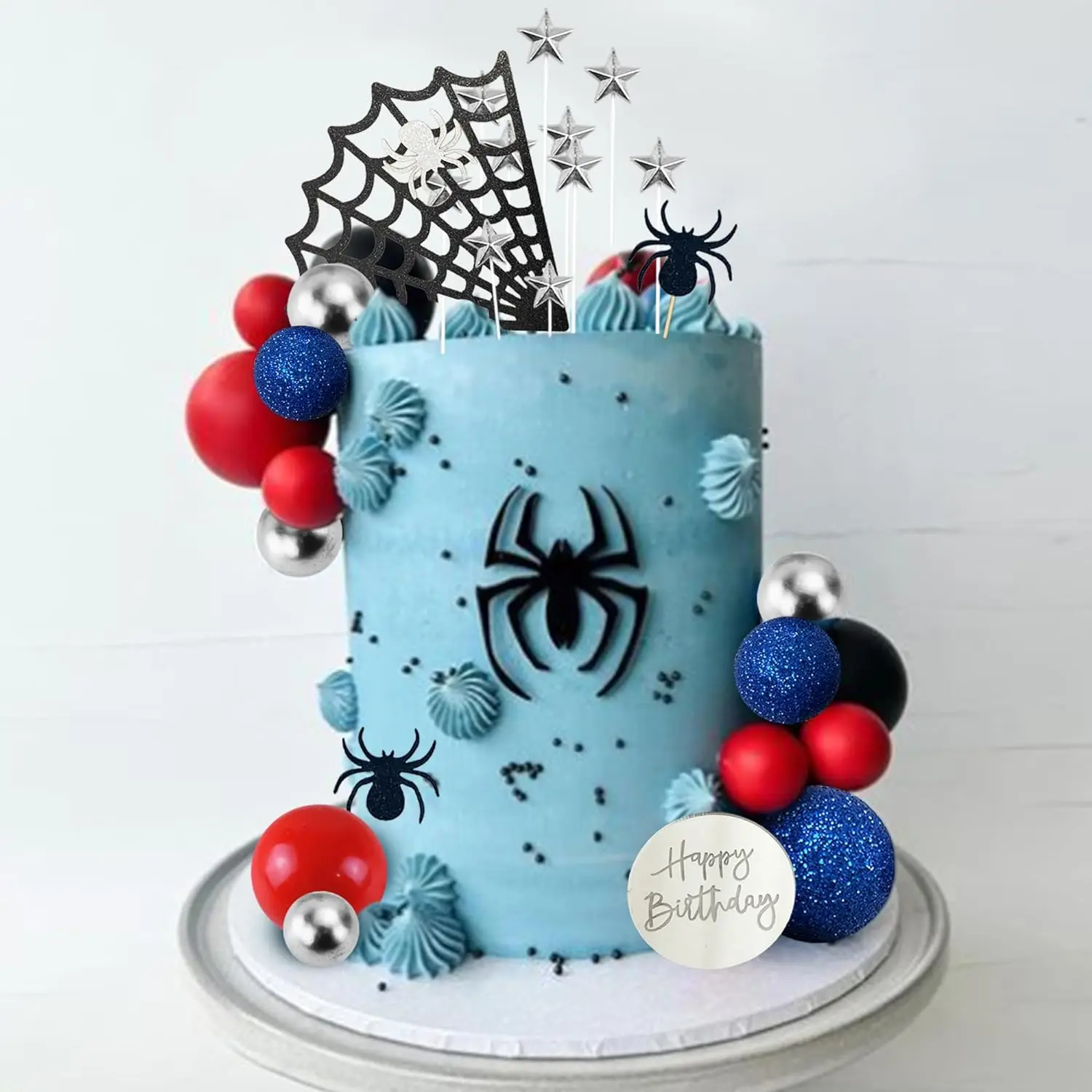 Morofme Spider Web Cake Decorations Spider Theme Cake Decor Glitter Spider Happy Birthday Toppers Stars Balls Cupcake Topper