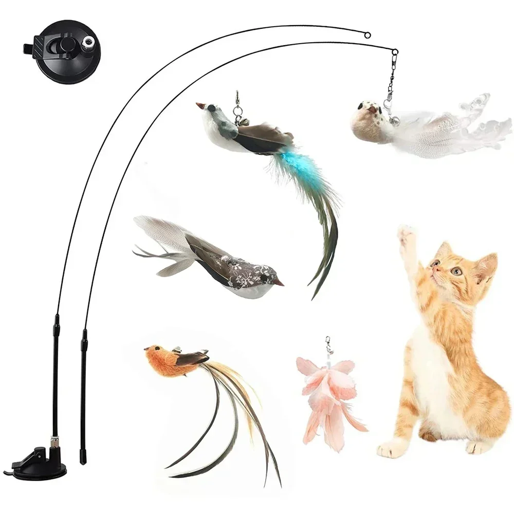 

Funny Simulation Bird Interactive Cat Feather Toy with Bell Sucker Cat Stick Toy for Indoor Kitten Play Chase Exercise Cat Toy