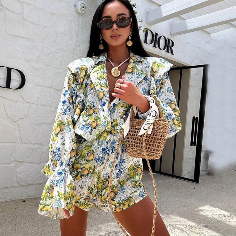 

Tuularose Women Printed Shorts 2-Piece Set Vintage Casual Ruffled Top Slim Shorts Set Chic Streetwear Vacation Female Shorts Set