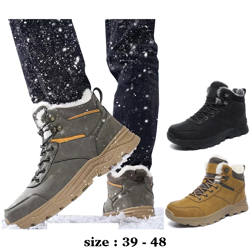 

High quality ankle length leather snow boots for men size 47 48 new 2025 winter outdoor hiking mountain shoe green yellow