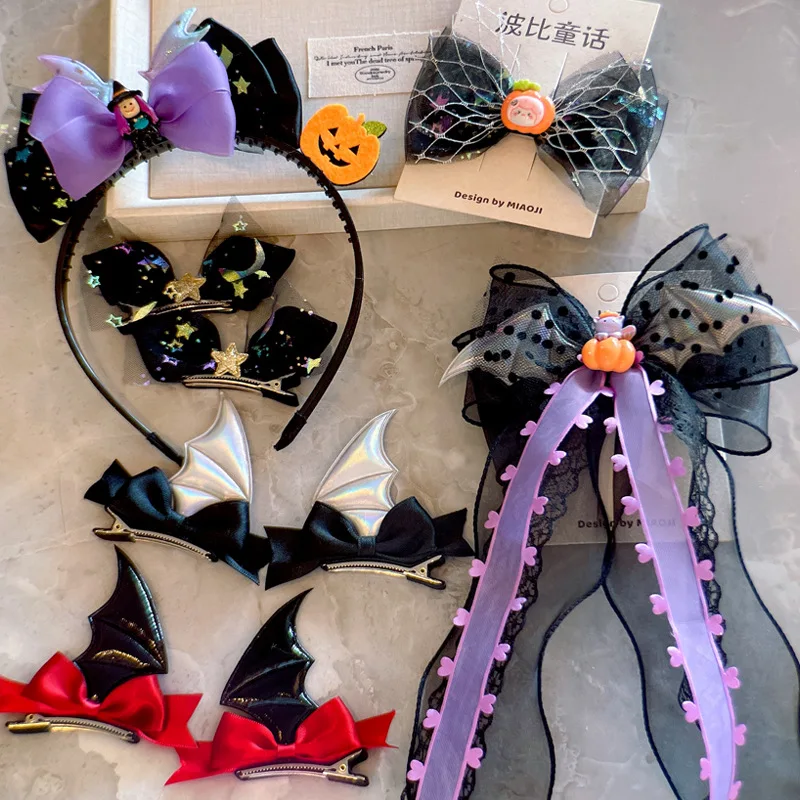 Girls Hair Clips Set Halloween Party Supplies Witch Pumpkin Barrettes Cute Cartoon Ribbon Hairpin Headbands for Children Gifts