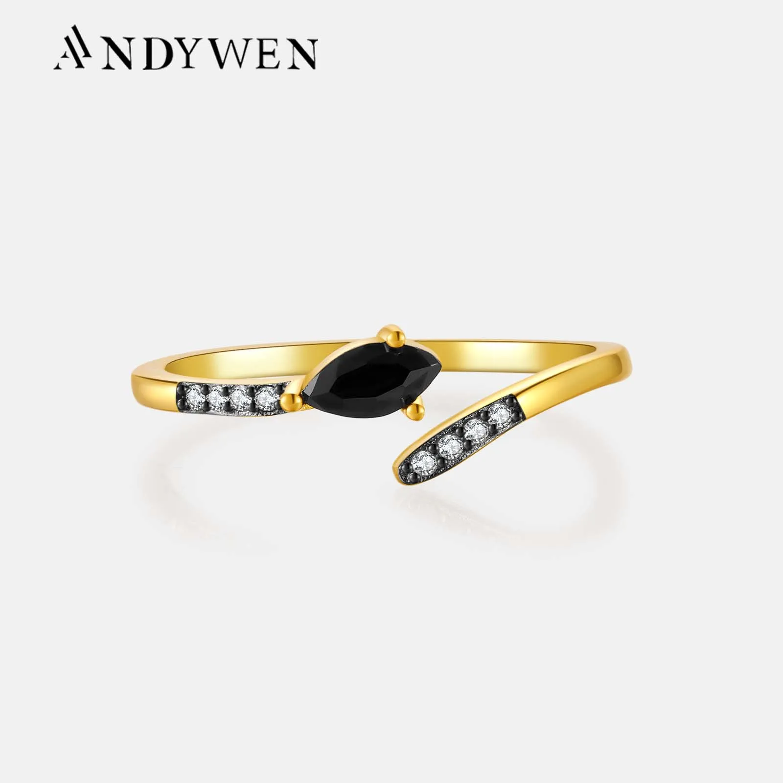 

ANDYWEN 100% 925 Sterling Silver Gold Split Plating CZ Snake Ring Resizable Women Luxury Black Fine Jewelry Crystal Wedding