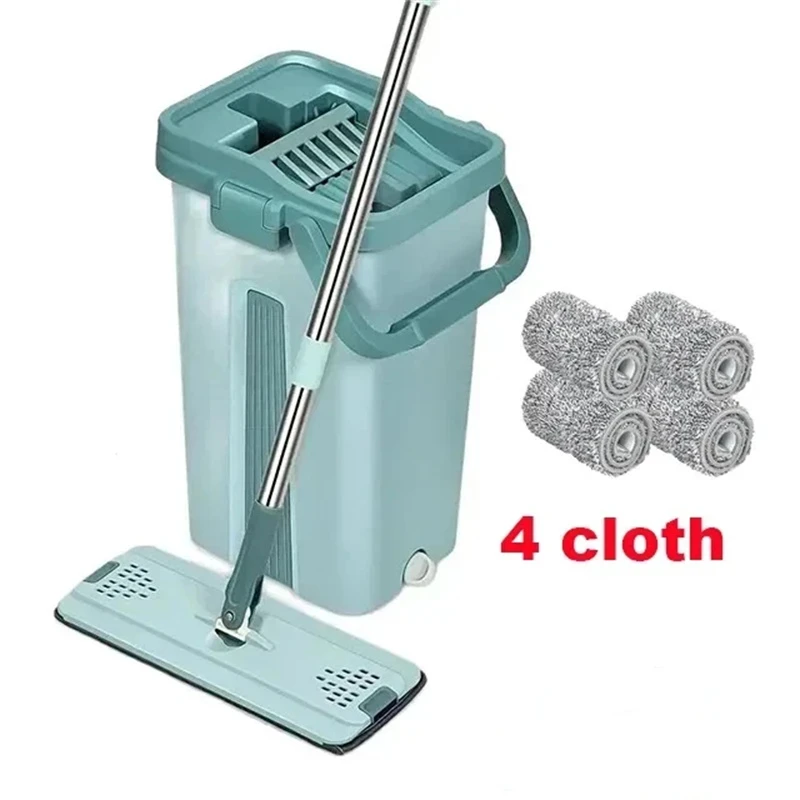 Flat Squeeze Bucket Hand Free Wringing Floor Cleaning Microfiber Pads Wet Dry Usage on Hardwood Laminate